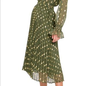 Green Gold Pleated Polka Dot Midi Skirt Womens Size Large